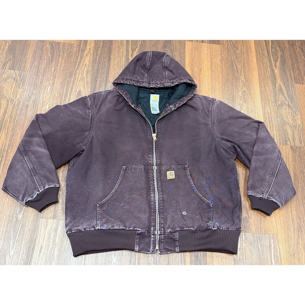 Carhartt J130 DWN Dark Wine Crimson Lined Burgundy Hooded Work Jacket Size XL